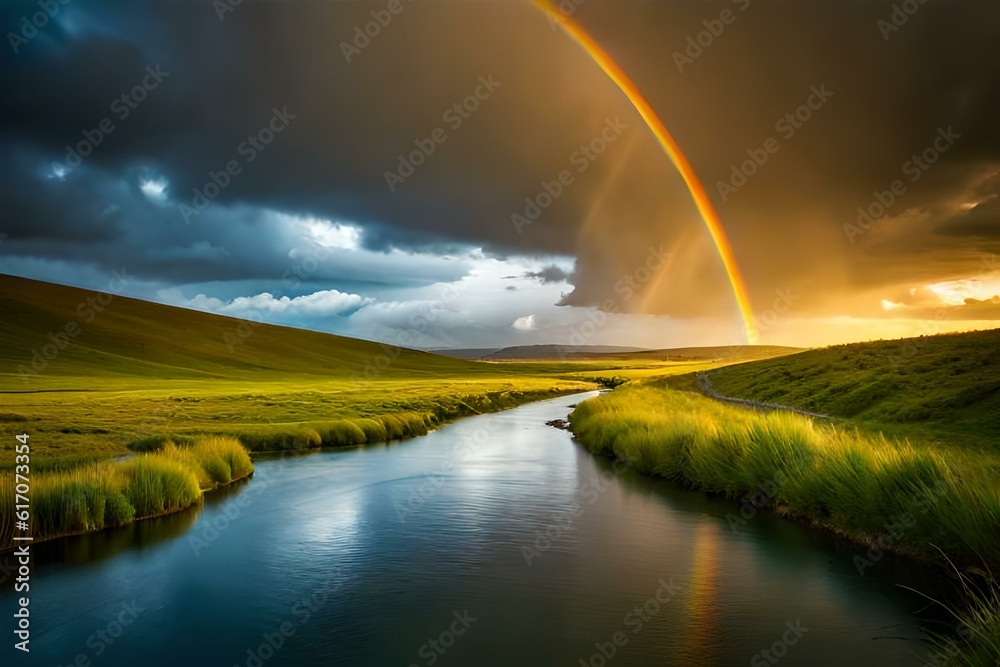 rainbow over lake by AI generating