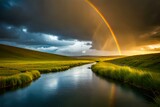 rainbow over lake by AI generating