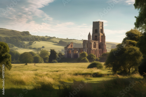 The abbey ruin of Glastonbury on a low hill in a windswept green landscape with a distant forest and far distant mountains. Generative AI.