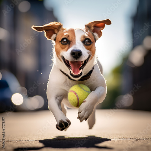 Jack russell terrier dog with tennis ball. Playful happy pet dog running in the city street and playing with a tennis ball. Web banner with copy space. AI generated © Alina