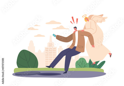 Angelic Guardian Character Descends To Save A Man From A Fatal Fall Into A Dark Hatch, Cartoon Vector Illustration