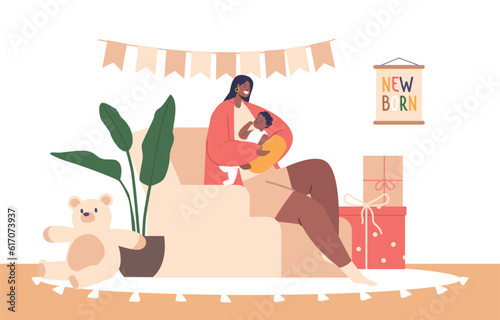Tender Moment At Home As A Black Mother Character Cradles Her Precious Newborn, Creating A Loving, Vector Illustration
