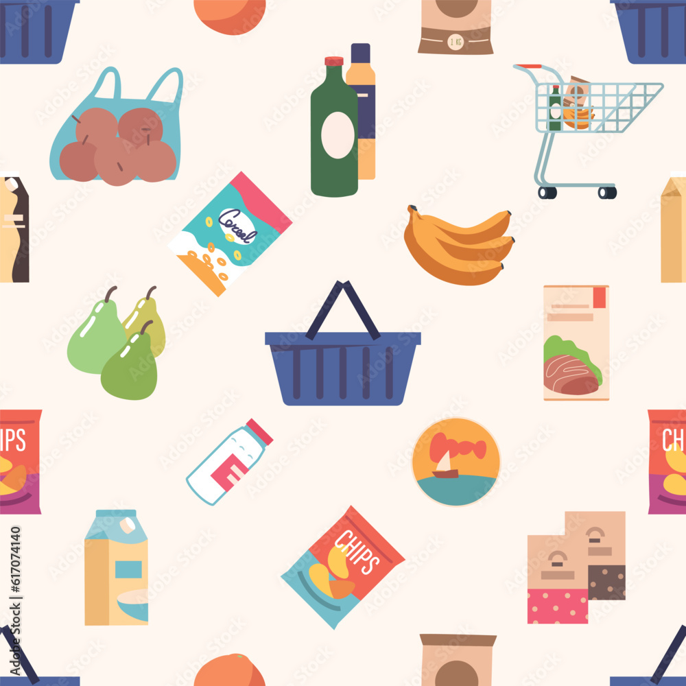 Vibrant Seamless Pattern Showcasing A Variety Of Supermarket Food Products, Including Fruits, Vegetables, Dairy Items