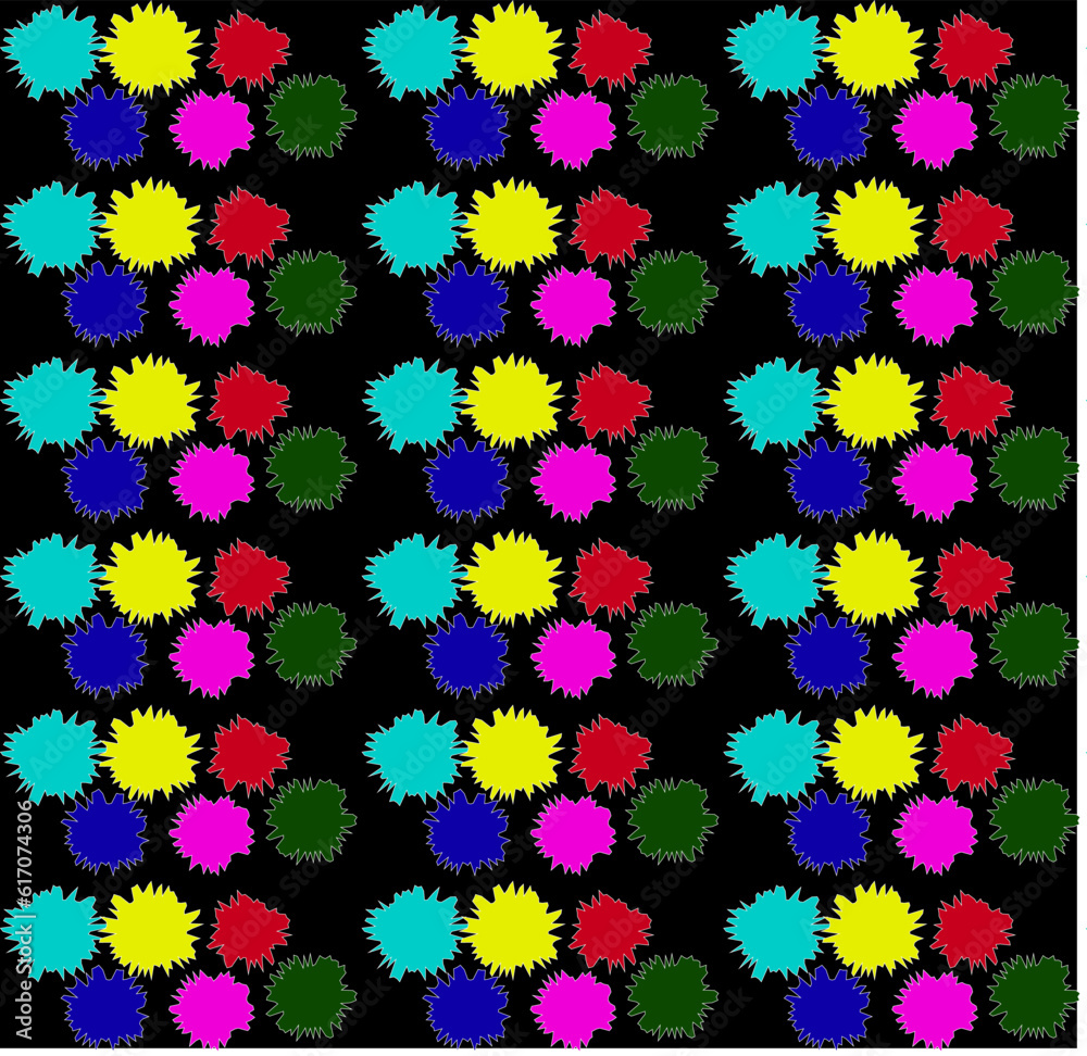 The original vector abstract pattern in the form of bright multi-colored jagged circles on a black background
