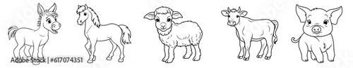 Photo Farm animals - cute Donkey, Horse, Sheep, Cow and Pig, simple thick lines kids or children cartoon coloring book pages