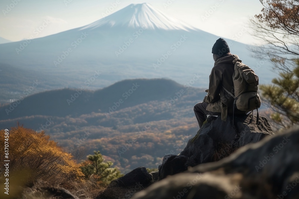 A trekker taking a break on a rocky mountain, Generative AI