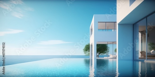 Sea view.Modern architecture with swimming pool and blue sky.Concept for vacation home or hotel.3d rendering © Eli Berr