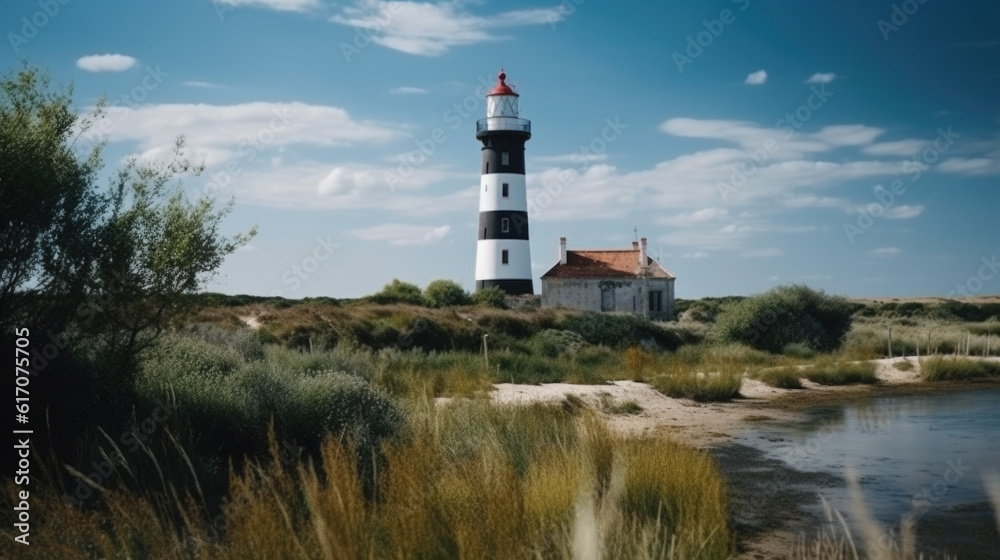 an old lighthouse on a coast. holiday concept. Generative AI