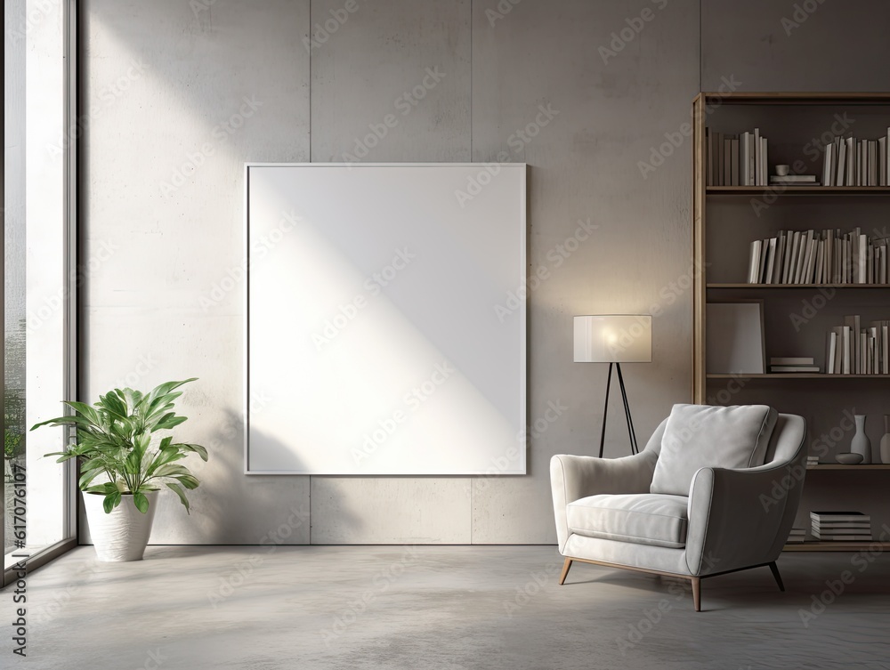 Mock up poster frame in minimalist living room interior background, cement wall,3D render Mock up poster frame in minimalist living room interior background, cement wall,3D render