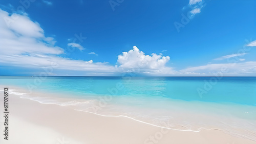 Beautiful tropical beach with white sand  turquoise ocean against blue sky  tropical summer concept. AI generated