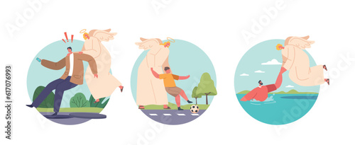 Isolated Round Icons with Angelic Guardians Protect People From All Kinds Of Perilous Situations, Radiating Safety