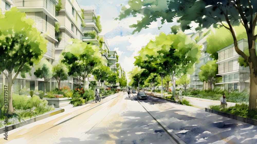 Sustainable urban design project. Green architectural practices aimed at creating eco friendly urban spaces that foster community well being and environmental health. Generative AI Sustainable urban design project. Green architectural practices aimed at creating eco friendly urban spaces that foster community well being and environmental health. Generative AI