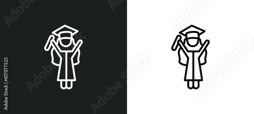 graduating woman line icon in white and black colors. graduating woman flat vector icon from graduating woman collection for web, mobile apps and ui.