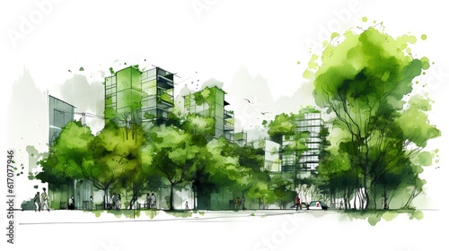 Sustainable urban design project. Green architectural practices aimed at creating eco friendly urban spaces that foster community well being and environmental health. Generative AI #617077946