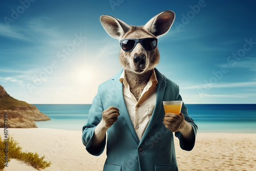 Strandvergnügen: Ein entspanntes Känguru mit einem kühlen Getränk am Stran photo