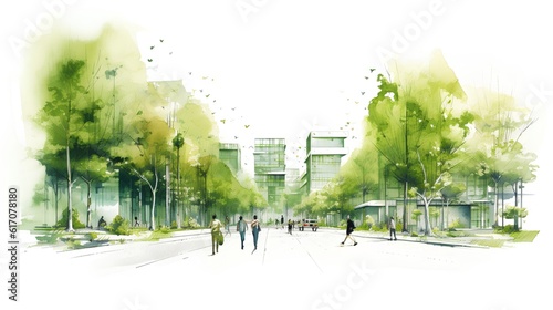 Sustainable urban design project. Green architectural practices aimed at creating eco friendly urban spaces that foster community well being and environmental health. Generative AI photo