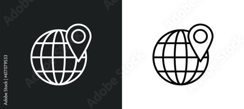 globe with pointer line icon in white and black colors. globe with pointer flat vector icon from globe with pointer collection for web, mobile apps and ui.