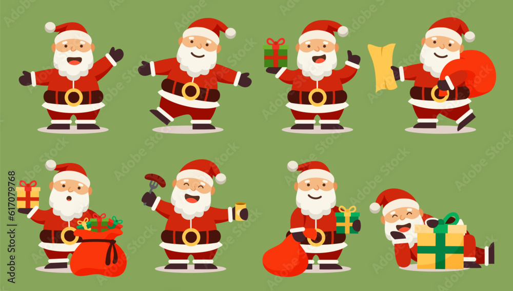Santa Claus characters in various poses and scenes. Merry Christmas cutout element