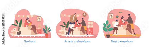 Isolated Elements With Black Family Characters Gather At Home To Meet Arrival Of A Newborn, Cartoon Vector Illustration