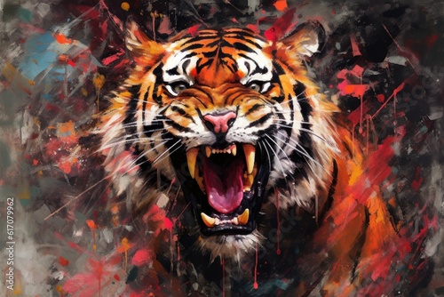 tiger  form and spirit through an abstract lens. dynamic and expressive tiger print by using bold brushstrokes  splatters  and drips of paint.  tiger raw power and untamed energy 