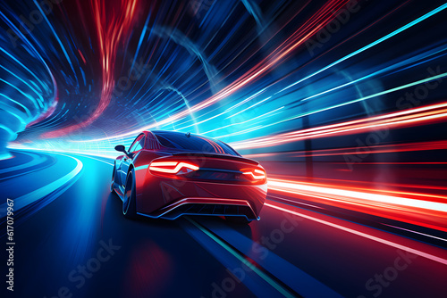 Futuristic Neon Car Speeding Through Tunnel - Generative AI © Martin Lang