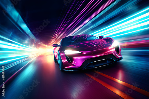 Futuristic Neon Car Speeding Through Tunnel - Generative AI