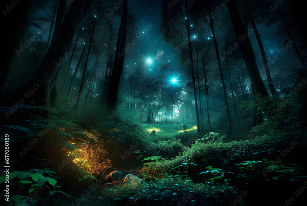 Magical forest at night time. AI generated