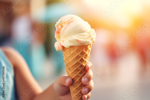 Joyful Child's Hand Holding an Ice Cream Cone - Generative AI