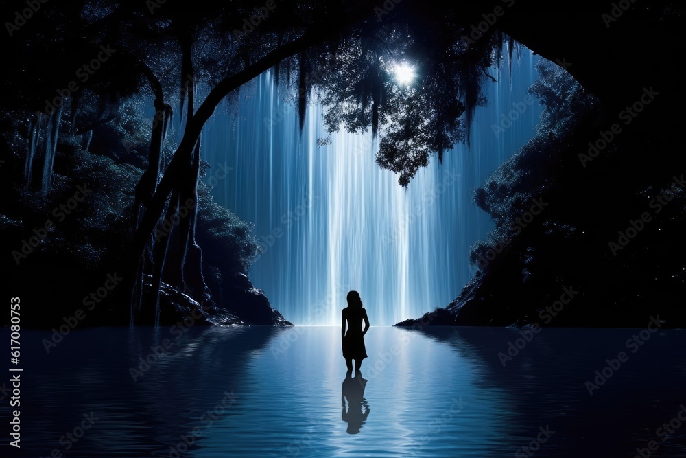 Waterfall bathed in the soft glow of moonlight silhouette of a bathing woman. Generative AI Waterfall bathed in the soft glow of moonlight silhouette of a bathing woman. Generative AI