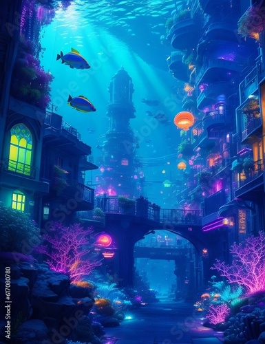 An underwater city with vibrant and luminous streets 
