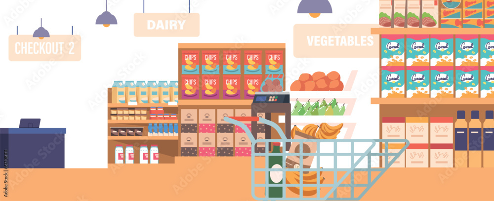 Bright And Spacious, The Supermarket Interior Is Filled With Neatly Arranged Aisles, Stocked Shelves Vector Illustration