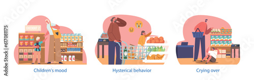 Isolated Elements With Flustered Children Characters Throwing Tantrums In The Supermarket, Shrieking And Crying