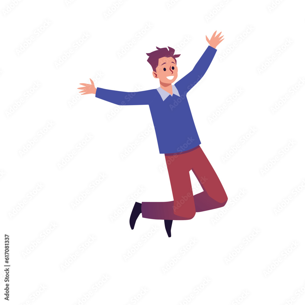 Vector isolated illustration of happy energetic man flying, dancing and jumping with fun and joy, active cheerful person Vector isolated illustration of happy energetic man flying, dancing and jumping with fun and joy, active cheerful person