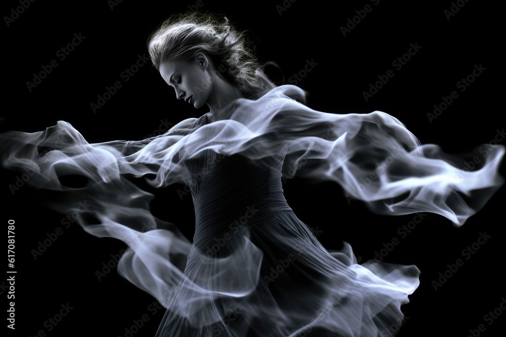 Beautiful ballerina dancing in the studio in magnetic powder and smoke. Generated AI Beautiful ballerina dancing in the studio in magnetic powder and smoke. Generated AI