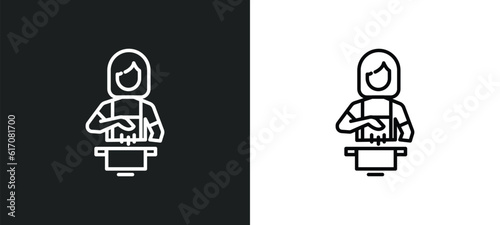 woman cooking line icon in white and black colors. woman cooking flat vector icon from woman cooking collection for web, mobile apps and ui.