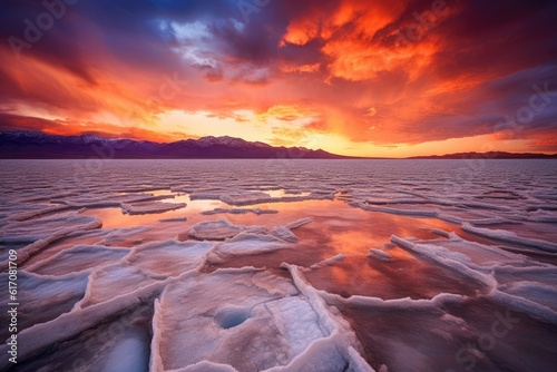 Frozen lake at sunset in National Park, Generated AI