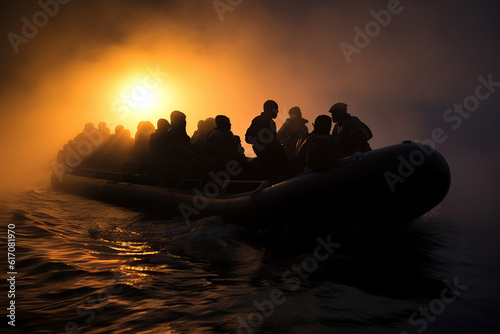 Overloaded life boat full of refugees during migration crisis in trouble at sunset night sea with copy space