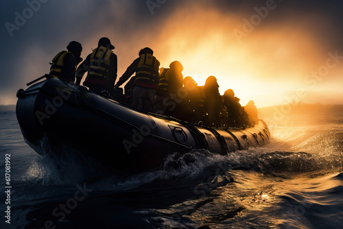 Tela Overloaded life boat full of refugees wearing lifejackets, during migration cris