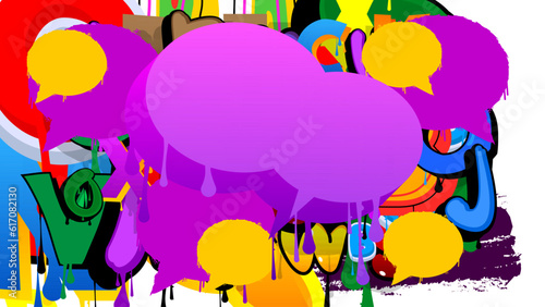 Purple Speech Bubble Graffiti Background. Colorful Urban painting style backdrop. Abstract discussion symbol in modern dirty street art decoration.