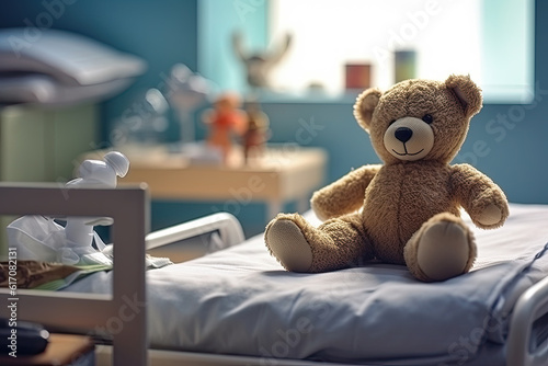 Teddy bear sitting in a hospital bed