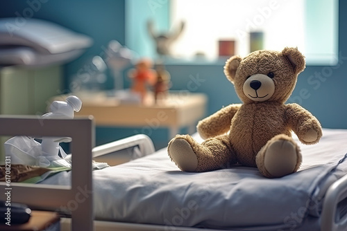 Fototapeta kuchenna Teddy bear sitting in a hospital bed