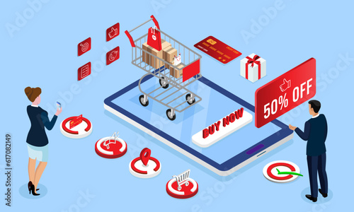 Woman and man characters shopping online process on smartphone.