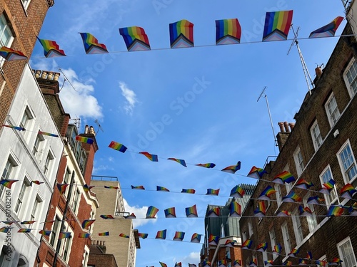 Pride flags decorations in Soho, London