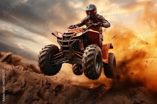 Man jumping atv vehicle on offroad track in touristic tour, extreme sport activities theme. ai generative photo