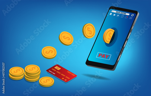 Money transfer online payment. Coins moving from one mobile phone to other and wallet.