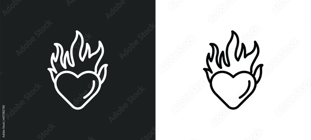 Obraz premium heart in flames line icon in white and black colors. heart in flames flat vector icon from heart flames collection for web, mobile apps and ui.