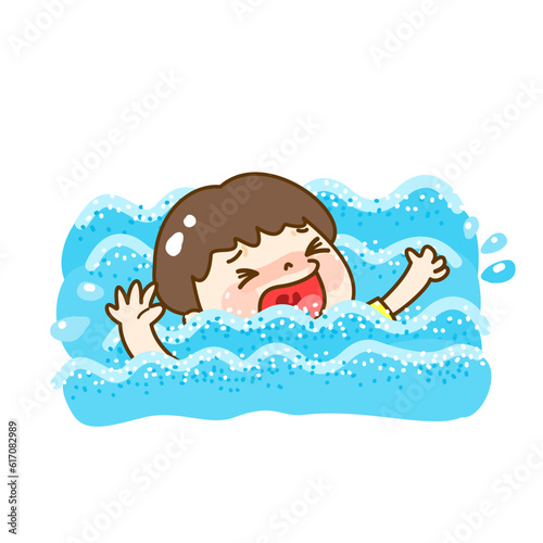 Cartoon kids drowning in water.