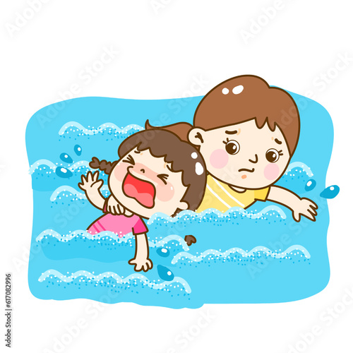 Cartoon kids drowning in water.