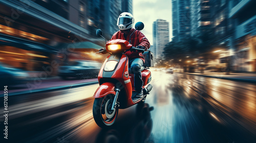 Delivery man ride scooter motorcycle with motion blur cityscape background.ai generative