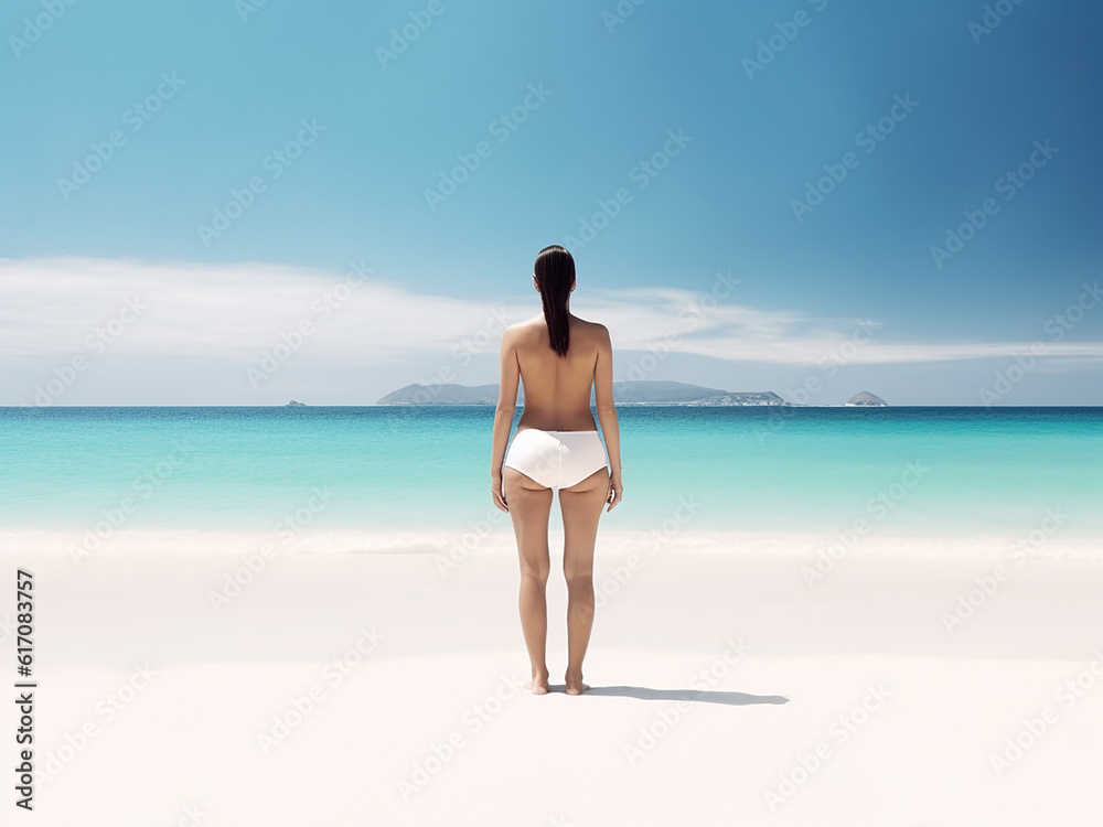 Beautiful young woman on a sandy tropical sea beach, view from the back. Generative AI Beautiful young woman on a sandy tropical sea beach, view from the back. Generative AI